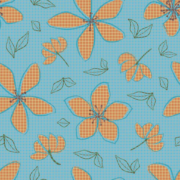 Jasmin Blumen Vektor nahtlose Muster Hintergrund. Line Art handgezeichnete Blütenköpfe, Blüten, Blätter, Blütenblätter. Tropische Farbkulisse. Botanisch strukturierte Wiederholung für Heilpflanze, Wellness — Stockvektor