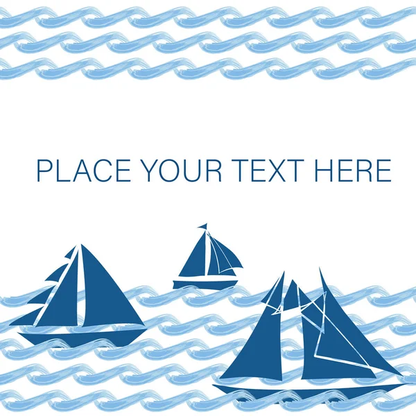 Sailing boats and ocean waves vector template with space for text. Hand drawn horizontal sea wave and yacht frame marine design in shades of fresh blue and white. For vacation, maritime,nautical