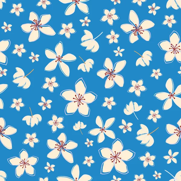 Jasmine floral διάνυσμα μοτίβο φόντο. Χειροποίητα κεφάλια λουλουδιών, άνθη, πέταλα. Μπλε λευκό διάσπαρτα backdrop.Botanical επαναλάβετε για θεραπευτικό φυτό για ευεξία. — Διανυσματικό Αρχείο