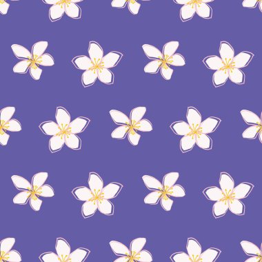 Yasemin çiçekli vektör kusursuz şablon. Çizgili sanat eserleri çiçek başları, çiçekler, taç yaprakları. Beyaz, sarı, menekşe mor arka fon. Şifalı bitkiler için botanik tekrarı..