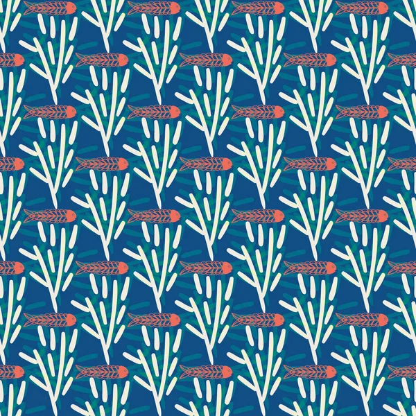 Fish and seaweed vector seamless pattern background. Modern painterly backdrop with underwater plants and shoal of swimming creatures. Blue, pink white geometric design. Aquatic marine habitat repeat. — Vettoriale Stock