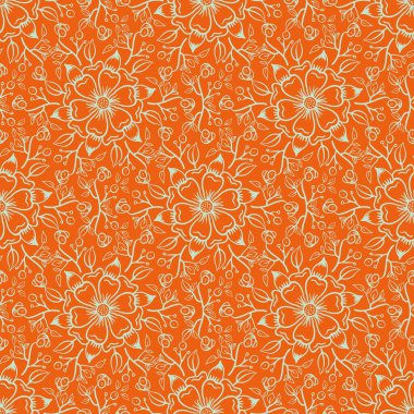 Ortaçağ gül vektör desenli kusursuz arka plan. El çizimi çiçek motiflerinin karışık filigran tarzı arka planı. Turuncu yoğun süs dokusu tekrar ediyor. Botanik dekoratif tasarım