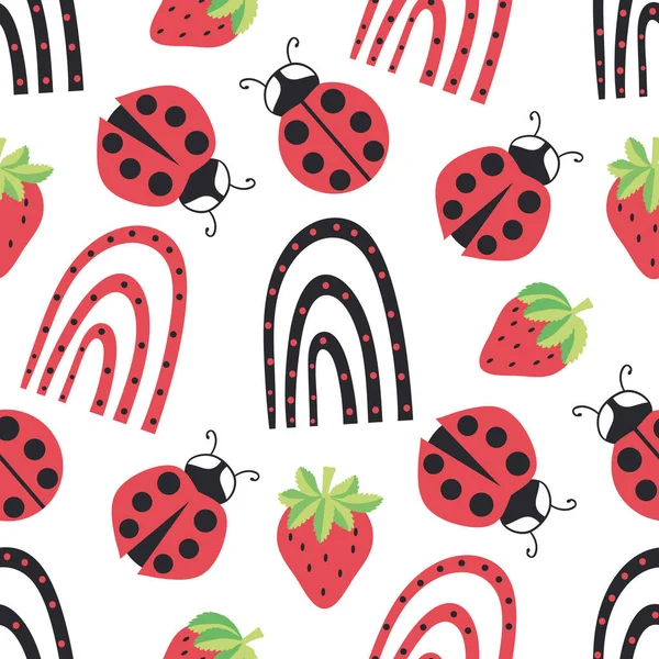 Cute ladybird, dotted rainbow, strawberry seamless vector pattern background.Ladybugs with strawberries and rainbows on white backdrop. Fun gender neutral design for kids. Happy repeat for summer. — стоковый вектор