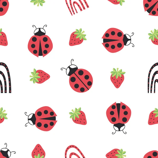 Cute ladybird, dotted rainbow, strawberry seamless vector pattern background.Ladybugs with strawberries and rainbows on white backdrop. Fun gender neutral design for kids. Happy repeat for summer. — стоковый вектор