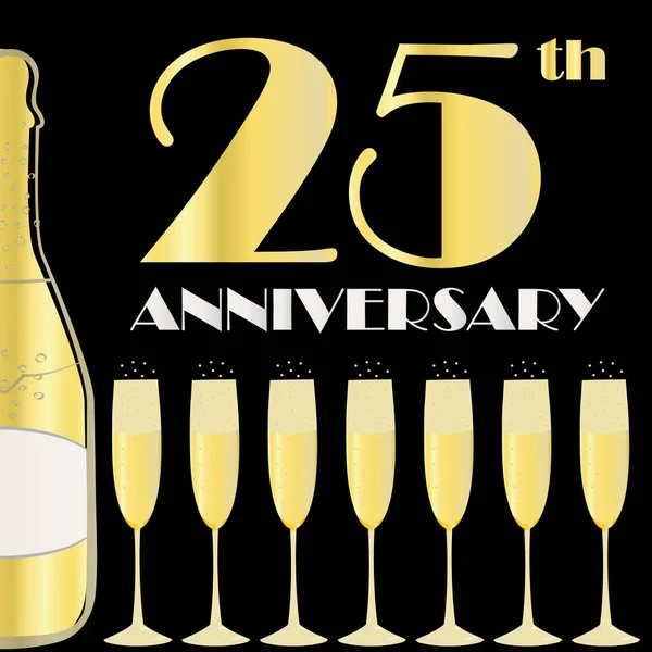 25 years anniversary celebration vector banner. Art Deco style gold foil effect golden gradient text, champagne bottle, glasses on black background. Design template for celebration, party, business — Stockvector