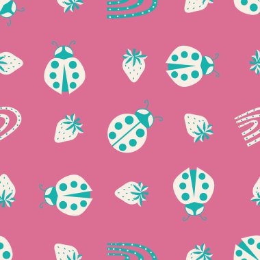 Cute ladybird, dotted rainbow, strawberry seamless vector pattern background. Teal cream whiteLadybugs with strawberries and rainbows on pink backdrop. Fun design for kids. Happy repeat for summer.