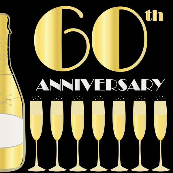 60 years anniversary celebration vector banner. Art Deco style gold foil effect golden gradient text, champagne bottle, glasses on black background. Design template for celebration, party, business — Stockvector