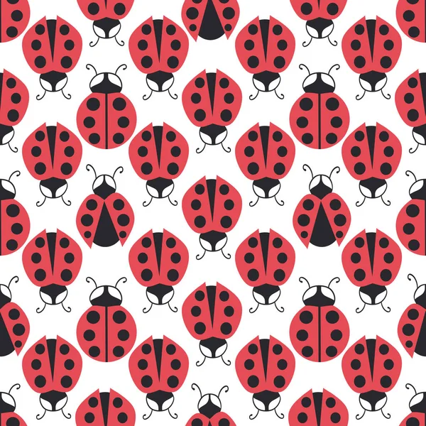 Cute ladybird seamless vector pattern background. Three different types of black red ladybugs with strawberries on white backdrop. Dense geometric repeat. Fun gender neutral design for kids and summer — Stockvector