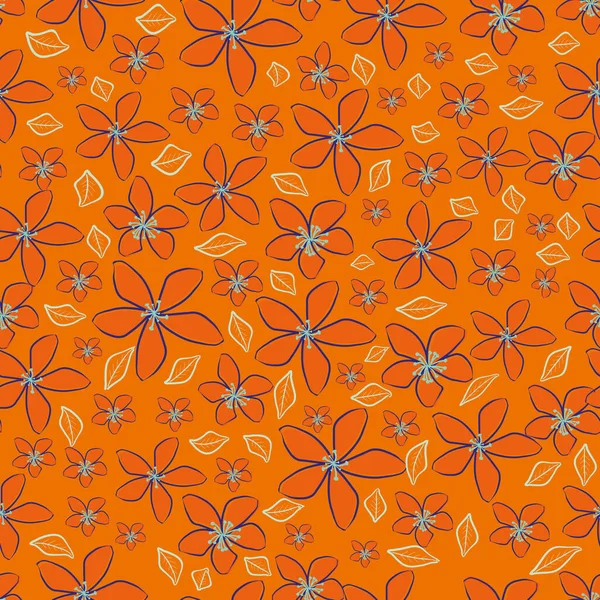 Jasmine floral vector seamless pattern background. Line art hand drawn flower heads, blossom, petals. Orange blue tropical backdrop.Botanical repeat for medicinal healing plant. All over print — Vetor de Stock