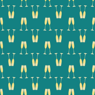 Champagne flutes vector seamless pattern background. Teal gold backdrop with prosecco glasses in horizontal rows. Sparkling wine drinks design. Repeat for party celebration, occasion, wedding