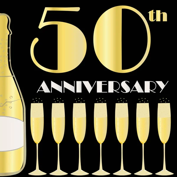 50 years anniversary celebration vector banner. Art Deco style gold foil effect golden gradient text, champagne bottle, glasses on black background. Design template for celebration, party, business — Wektor stockowy