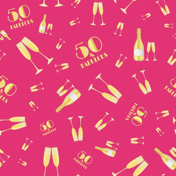 60 years anniversary celebration vector seamless pattern with hand drawn champagne bottles and glasses. Gold and hot pink background. Fizzy drinks and 1920s font. Repeat for party, business event — Stock Vector