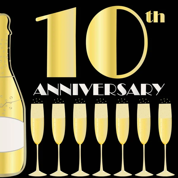 10 years anniversary celebration vector banner. Art Deco style gold foil effect golden gradient text, champagne bottle, glasses on black background. Design template for celebration, party, business — Wektor stockowy