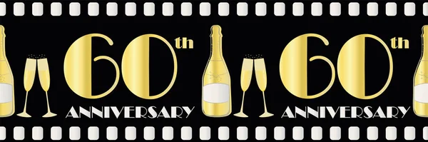 60 years anniversary celebration vector movie style border. Art Deco style gold foil effect golden gradient text, champagne bottle, glasses on black background. For celebration, party, business — Archivo Imágenes Vectoriales