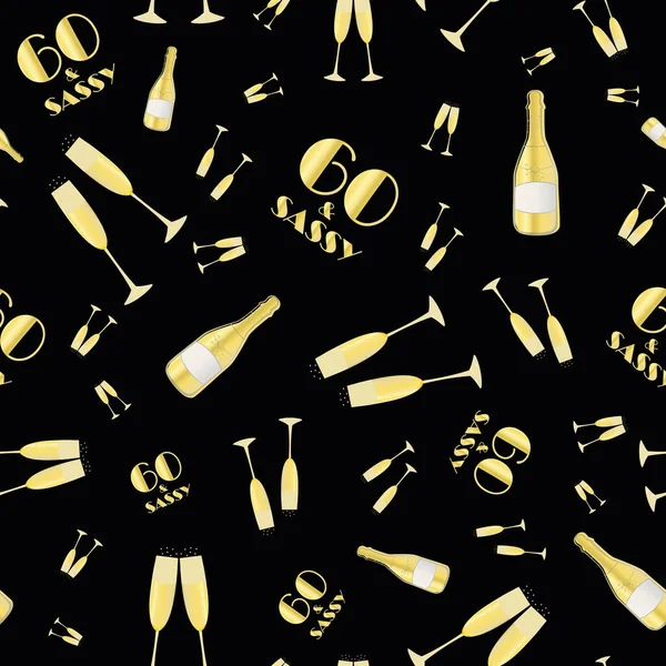 60 years anniversary celebration vector seamless pattern with hand drawn champagne bottles and glasses. Black and gold background. Fizzy drinks and 1920s font. Repeat for party, business event — Stockvector