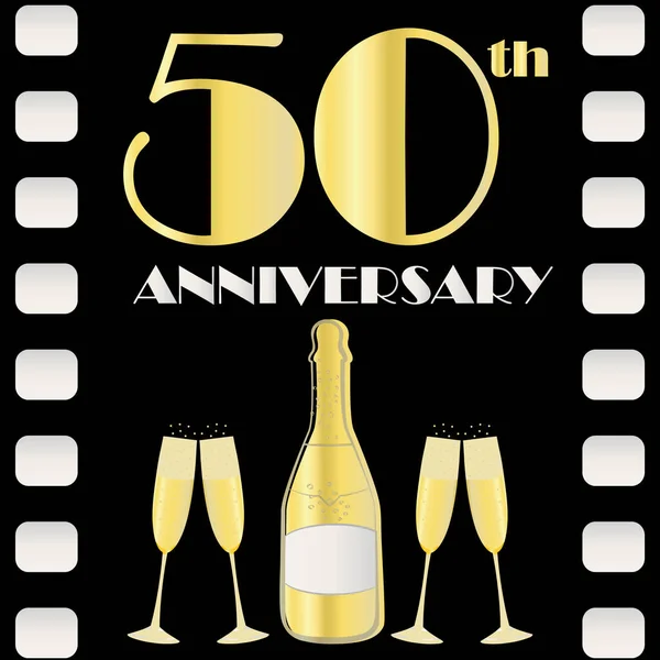 50 years anniversary celebration vector movie style template. Art Deco style gold foil effect golden gradient text, champagne bottle, glasses on black background. For celebration, party, business — Wektor stockowy