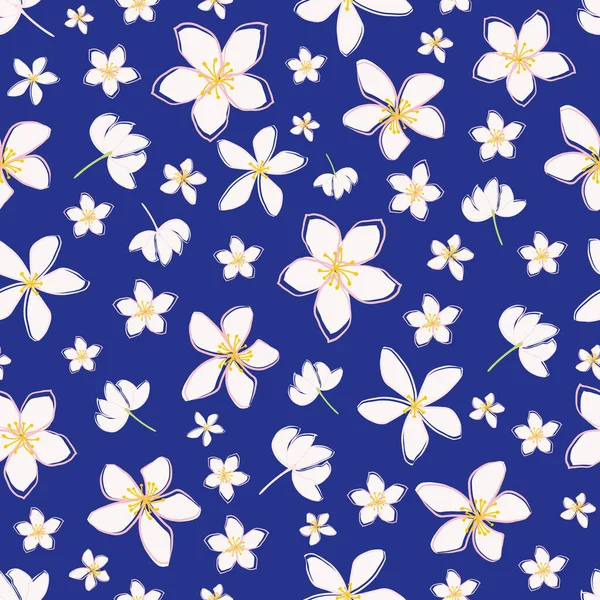 Jasmine floral vector seamless pattern background. Line art hand drawn flower heads, blossom, petals. Blue white scattered backdrop.Botanical repeat for medicinal healing plant for wellness. — Stockvektor