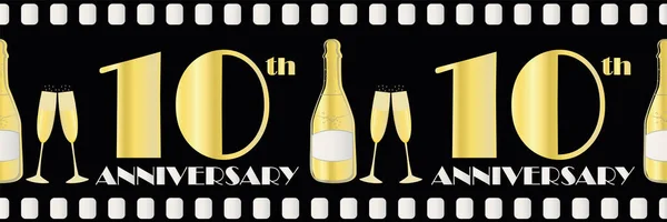 10 years anniversary celebration vector movie style border. Art Deco style gold foil effect golden gradient text, champagne bottle, glasses on black background. For celebration, party, business — стоковый вектор