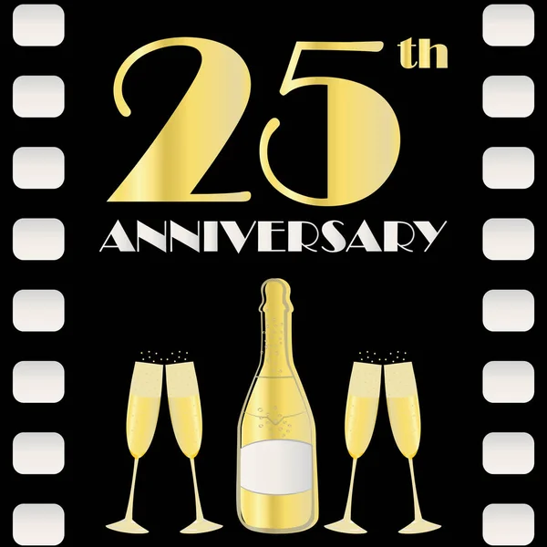 25 years anniversary celebration vector movie style template. Art Deco style gold foil effect golden gradient text, champagne bottle, glasses on black background. For celebration, party, business — Stockvector