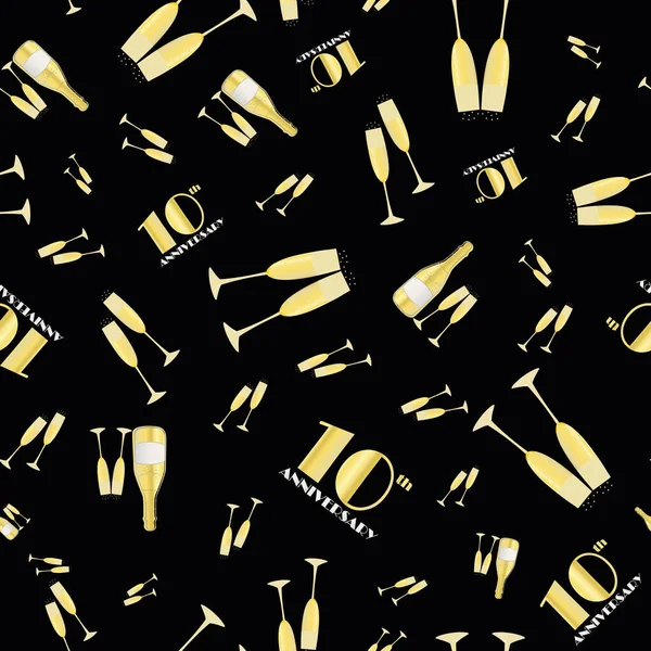 10 jaar jubileum viering vector naadloos patroon met de hand getrokken champagneflessen en glazen. Goud en hete roze achtergrond. Fizzy drankjes en 1920 's lettertype. Herhaal voor feest, zakelijk evenement — Stockvector