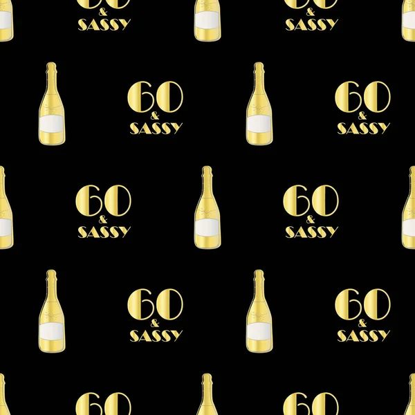 60 en sassy verjaardag vector naadloos patroon met de hand getrokken champagne flessen en glazen. Goud en zwarte achtergrond. Fizzy drankjes en 1920 's lettertype. Herhaal voor het zestigste verjaardagsfeest — Stockvector