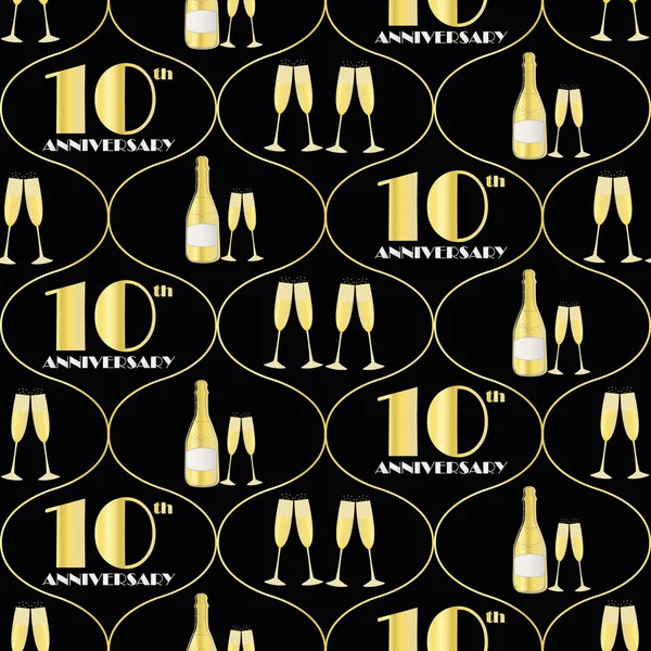 10 anni anniversario celebrazione vettore senza soluzione di continuità modello Ogee con bottiglie di champagne disegnati a mano e bicchieri. Fondo nero e oro. Bevande gassate e font anni '20. Ripetere per la festa, evento aziendale — Vettoriale Stock