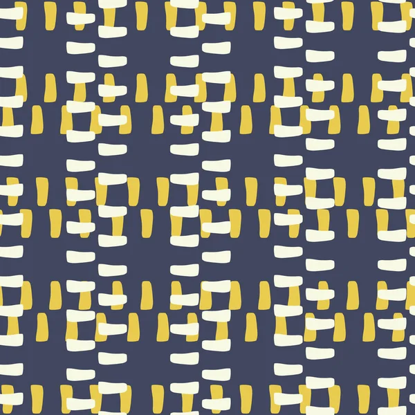 Ретро абстрактна сітка мозаїка вектор безшовний візерунок. Змішаний абстрактний фон геоплетіння. Сучасний стиль. Плитковий вільний колір блоку геометричний тканий дизайн. Синьо-жовтий золотий білий штучний вафельний ефект — стоковий вектор