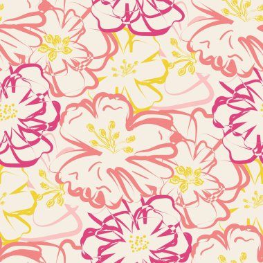 Modern soyut yabani çayır çiçeğinin kusursuz vektör desenli arka planı. Üst üste binen çiçeklerle boyanmış sahte lino baskı arkaplanı. Botanik gevşetilmiş desen çiçekleri dizaynı pembe sarı renkte.