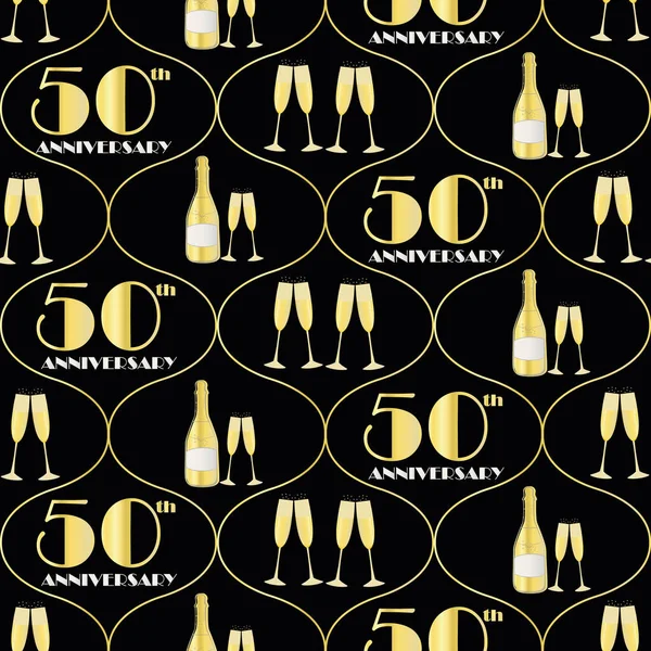 50-Jahr-Feier Vektor nahtlosen Ogee-Muster mit handgezogenen Champagnerflaschen und Gläsern. Schwarz-goldener Hintergrund. Sprudelnde Getränke und Schrift aus den 1920er Jahren. Fünfzig Jahre Wiederholung für Partei, Wirtschaft — Stockvektor