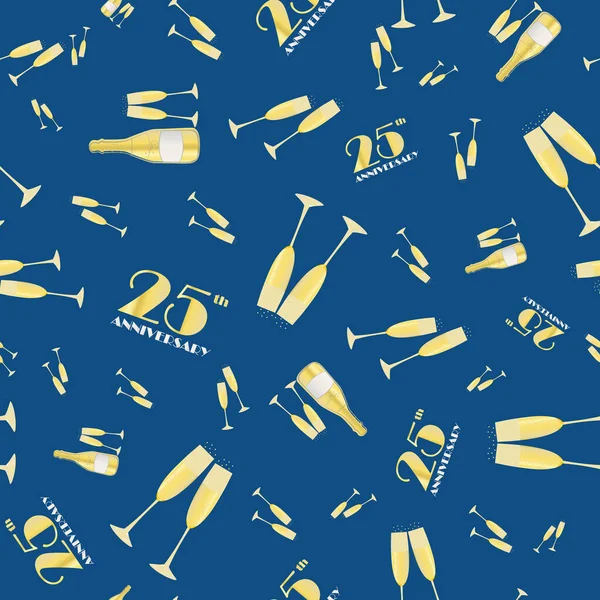 25 Jahre Jubiläumsfeier Vektor nahtloses Muster mit handgezogenen Champagnerflaschen und Gläsern. Blauer und goldener Hintergrund. Sprudelnde Getränke und Schrift aus den 1920er Jahren. Wiederholung für Party, Business-Event — Stockvektor