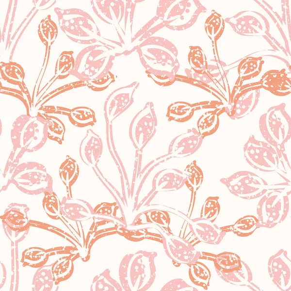 Moderno abstracto prado salvaje flor sin costura vector patrón fondo. Fondo de impresión de lino falso con flores superpuestas y contornos de textura mezclada. Repetición floral botánica en oro, rosa, blanco — Vector de stock