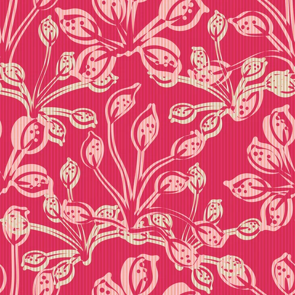 Moderne abstrait prairie sauvage fleur fond vectoriel sans couture motif. Fausse toile de fond imprimé lino avec des fleurs qui se chevauchent et des rayures fines mélangées. Répétition florale botanique en rose chaud. — Image vectorielle