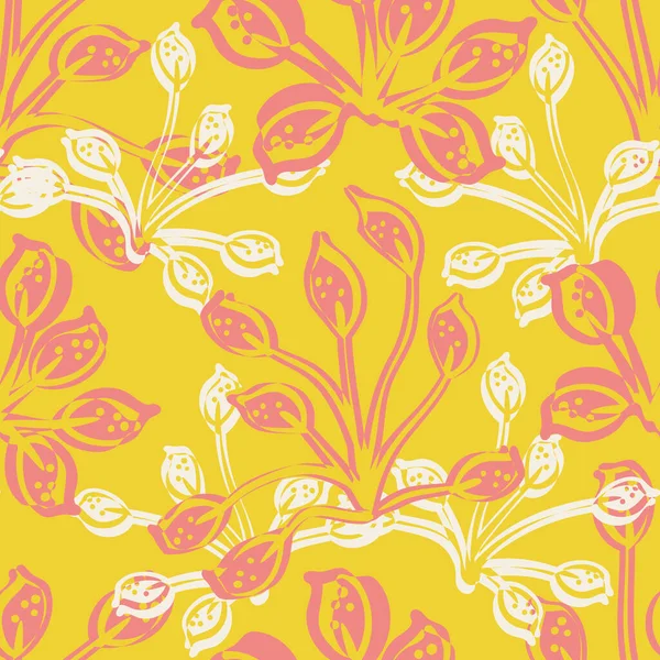 Moderne abstrait prairie sauvage fleur fond vectoriel sans couture motif. Faux fond d'impression lino avec des fleurs qui se chevauchent et des contours de texture mélangée. Répétition florale botanique en jaune rose — Image vectorielle