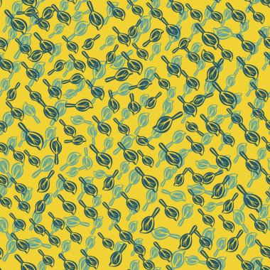 Ditsy modern soyut sahte mono baskılar dağınık yapraklar arka plan. Kusursuz vektör şablonu Basit taklit lino kesim efekti sarı yeşil karışımlı arkaplan. Yaz için botanik tekrarı