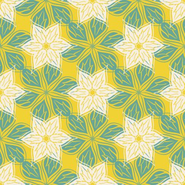 Azulejo stili modern soyut çiçek başları vektörsüz desen. El çizimi çiçek motiflerinin yaz beyazı, yeşil, sarı arkaplanı. Arabesk çiçekli şekiller geometrik botanik dekoratif tekrarlar