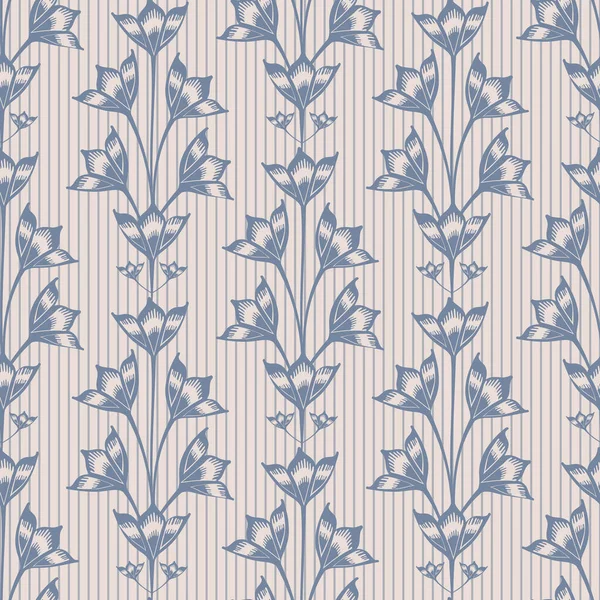 Abstrakte Blauglockenblume Vektor nahtlose Muster Hintergrund. Stilisierte Vintage Campanula Blüten auf senkrecht gestreiftem, blau-weißem Hintergrund. Formelle nachfolgende florale Retro-Wiederholung.Hand darwn botanisches Design — Stockvektor