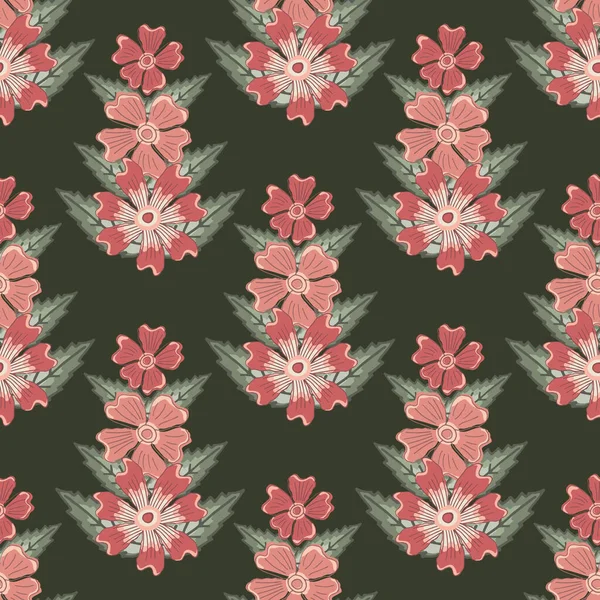 Fond vectoriel sans couture de fleur de prairie sauvage. Vintage ligne florale toile de fond d'art avec des fleurs dessinées à la main sur les tiges avec une texture rayée. Élégante répétition botanique en rouge, vert, bleu — Image vectorielle