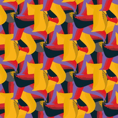 Tırtıklı yapraklar soyut 1920 'ler Bauhaus stili, kusursuz vektör desenli arka plan. Keskin kenarlı, üst üste binen doku dizaynı şeklinde yapraklar. Tropikal neon turuncu, kırmızı, mor arkaplan tekrarla.