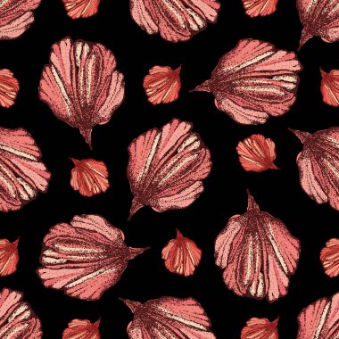 Vahşi çayır çiçeği yapraksız vektör desenli arka plan. Siyah arka plana serpilmiş pembe çiçek yaprakları. İllüstrasyon çiçekleri. Çiçekler çiçek açar botanik resim romantizm ve aşk için tekerrür eder