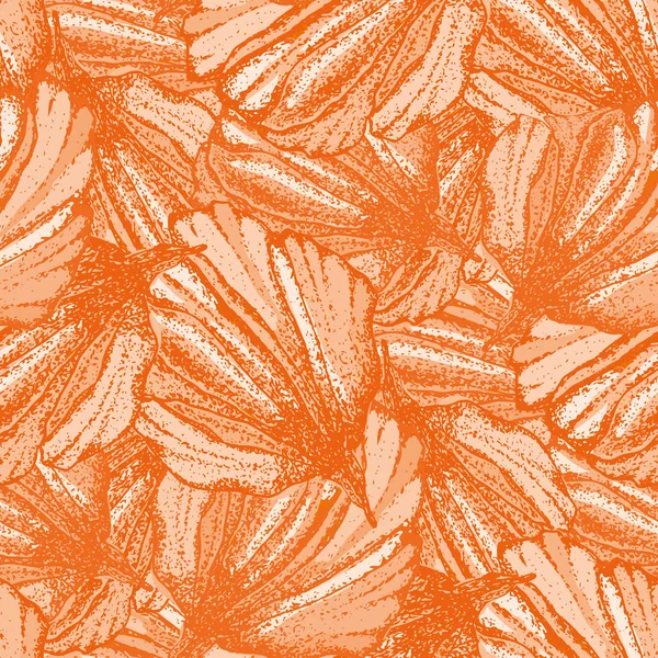 Wild äng blomma kronblad sömlös vektor mönster bakgrund. Texturala monokroma tropiska orange bakgrund med illustrativa ritade blommor.Överlappning blommor botaniska måleriskt upprepa — Stock vektor