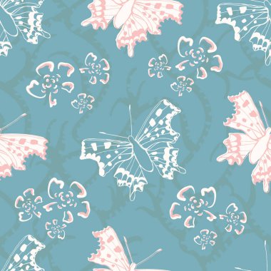 Virgül kelebeği vektörsüz model arka planı. Uçan kelebeklerin ve çiçeklerin olduğu pembe mavi fon. Açık orman böceği, deniz tarağı kanatlı ve belirgin nokta işaretli. Doğa her yerde.