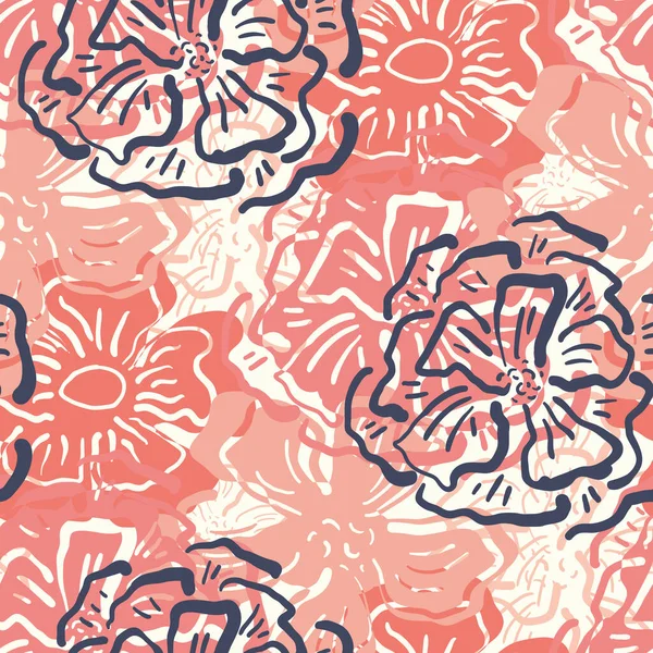 Fond vectoriel sans couture de fleur de prairie sauvage. Art moderne ligne florale toile de fond avec des fleurs dessinées à la main contour Élégant design de répétition de la texture botanique en bleu et rose. Imprimé partout — Image vectorielle