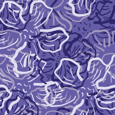 Vahşi çayır çiçeği kusursuz vektör desenli arka plan. Çağdaş çiçek çizgisi desenli arka plan, el çizimi, dış hatları üst üste binen çiçekler, her yerde botanik menekşe mor desen.