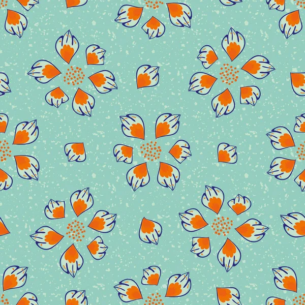 Abstrakte tropische Blumen vektorübergreifend nahtlosen Musterhintergrund. Helle Mischung orangefarbener Blütenköpfe auf aqua-blauem Hintergrund. Handgezeichnetes Design im Offset-Stil. Floral botanische Natur wiederholen Druck. — Stockvektor