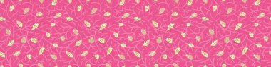 Dağınık taç yapraklı vektör, sınırsız sınır arkaplanı. İzleme saplarında yüzen etekler sıcak pembe afişleri harmanlıyor. El çizimi dekoratif bitki tasarımı. Kenarlama, kırpma, ağ, başlık