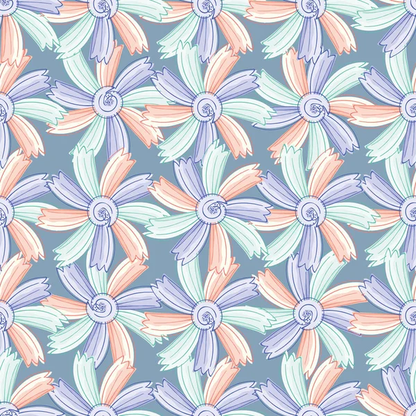 Abstraite camomille floral sans couture motif vectoriel fond. Têtes de fleurs qui se chevauchent d'une ancienne herbe médicinale. Pastel peinture botanique plantes design. Fleurs de jardin stylisées partout imprimer — Image vectorielle