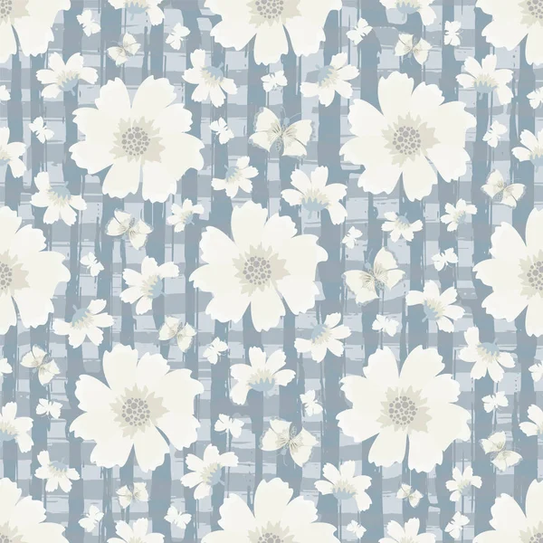 Bezešvé chalupa zahrada květiny a motýl vektorový vzor v pastelové modré plátno farmářský styl. Ručně kreslené venkovské květiny a motýli na texturovaném pozadí. Rustikální chalupa estetické opakování — Stockový vektor