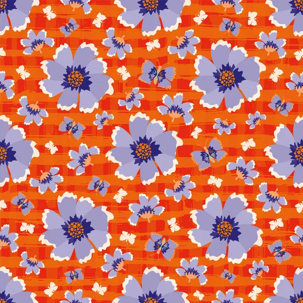 Kusursuz çiftlik çiçeği ve kelebek vektör desenli parlak kırmızı, mor tuval çiftlik evi tarzında. Dokulu arka planda el yapımı kır çiçekleri ve kelebekler. Cottagecore estetik tekrarı