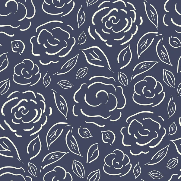 Cottage fleurs de jardin fond vectoriel sans couture motif. Ligne blanche bleue style ferme d'art. Paysage dessiné à la main fleurs botanique contour toile de fond.Cottagecore texture esthétique partout imprimer. — Image vectorielle