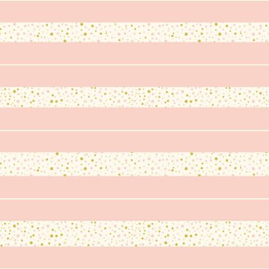 Pembe ve şampanya fildişi renkli konfeti noktaları ve çizgiler. Kusursuz vektör kalıbı. Yoğun altın benekli çizgili arka plan. Kutlama ve düğün için zarif kadınsı tekrarı